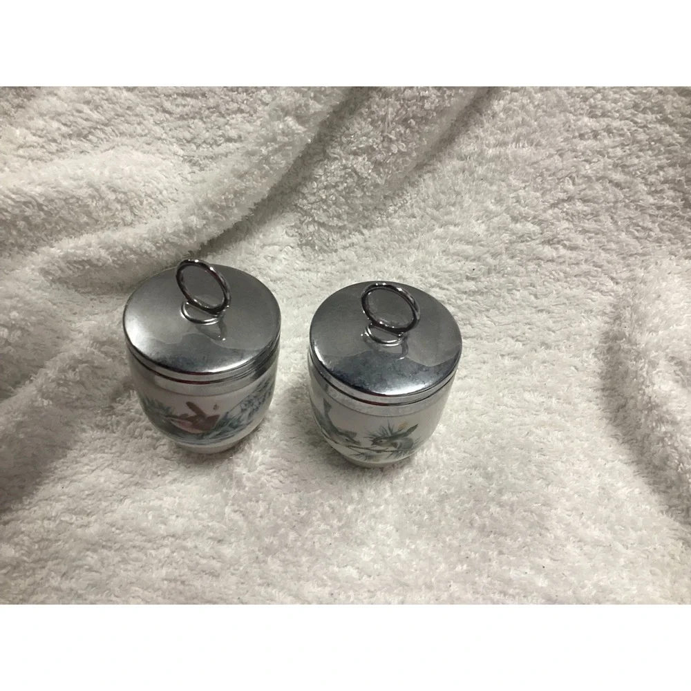 Vintage Ceramic Bird Egg Coddlers Set of 2 Chrome Lids Songbird Nature Design